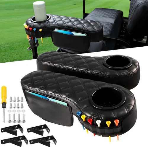 MOSNAI Golf Cart Armrest with Cup Holder for Club Car EZGO Yamaha Rear Seat 1-Inch Square Tube, Upgrade Golf Cart Armrest with Phone Storage Pouch,