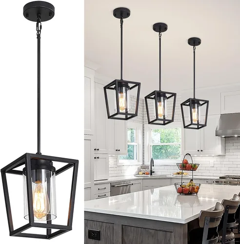 Miniatura 11 de Paquete de 2 luces colgantes negras para isla de cocina, lámparas colgantes de granja con pantalla de vidrio, iluminación moderna para isla