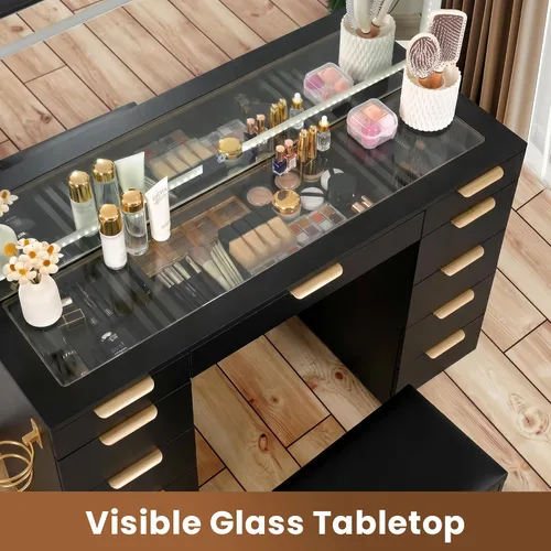 Miniatura 2 de Escritorio de tocador con 11 cajones con parte superior de cristal con silla, manijas de cristal con espejo y luces, tocador con toma de corriente