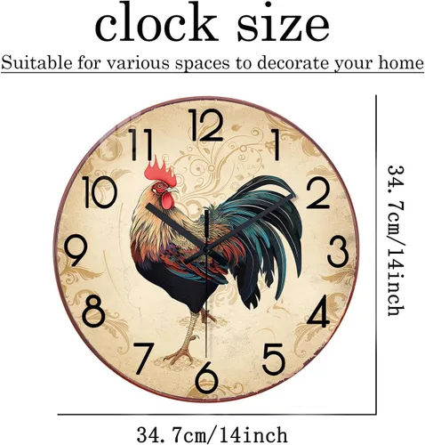Miniatura 5 de XNM Relojes de pared de gallo marrón con batería de 14 pulgadas, relojes de cocina de granja de vidrio, relojes de pared analógicos de animales, sin