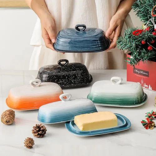Miniatura 5 de Hasense Mantequillera con tapa para encimera, soporte de mantequilla de cerámica con asa perfecto para mantequilla de las costas este y oeste, Azul