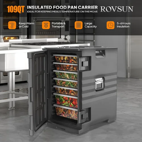 Miniatura 2 de ROVSUN Transportador de Bandejas de Alimentos Aislado de 109 QT, Calentador de Alimentos Hot Box con Ruedas, Hebillas Dobles y Asas, Cajas Calientes