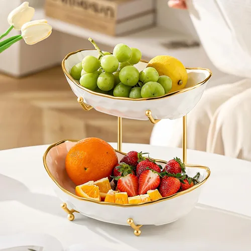 Miniatura 3 de Frutero para encimera de cocina, cesta de frutas de cerámica de dos niveles, soporte para frutas y verduras frescas, bandejas modernas para servir
