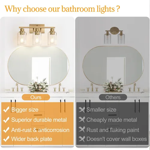 Miniatura 2 de Indoi Lámparas de baño de 3 luces, luces de tocador de latón para baño con pantallas de vidrio transparente, modernos apliques de pared de baño