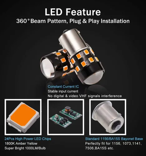 Miniatura 3 de Bombillas LED superbrillantes 1156 7506 BA15S 1073 1141P21W amarillo ámbar 9-30 V sin polaridad 24-SMD chipsets LED con proyector para luces