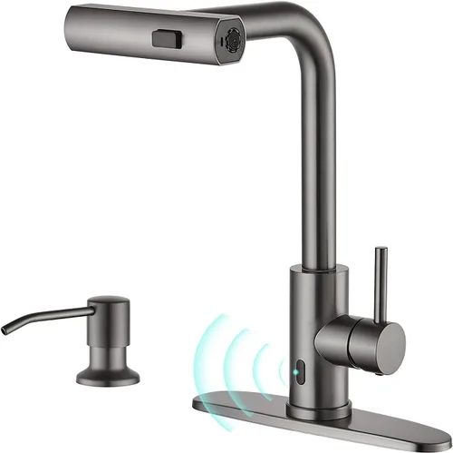 Miniatura 10 de AVSIILE Grifos de cocina en cascada de color negro mate con rociador desplegable y dispensador de jabón, un solo orificio y mango, grifo extraíble