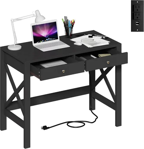 Miniatura 9 de ChooChoo Escritorio de Oficina en Casa Mesa de Escritura Mesa de Computadora Diseño Moderno Escritorio Negro con Cajones, Mesa de Tocador