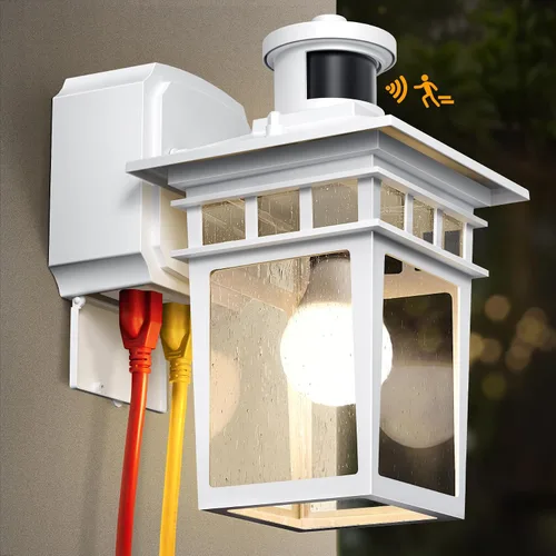Miniatura 10 de Luces de Porche Exteriores con Sensor de Movimiento con Toma GFCI, 3 Modos de Luminaria Exterior del Anochecer al Amanecer, Luminaria de Iluminación