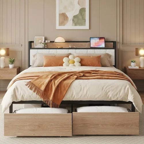 Miniatura 15 de LIKIMIO Base de cama tamaño King, cabecera de almacenamiento con estación de carga, cama de plataforma con cajones, no necesita somier, fácil Marrón