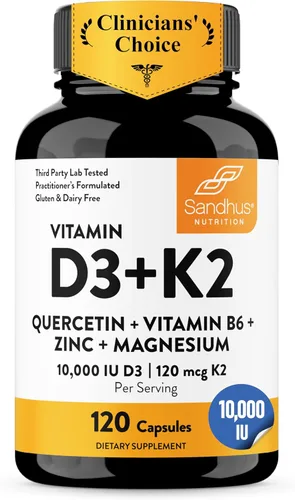 Sandhu's Vitamina D3 K2 Magnesio 10000 IU, 120 mcg K2 Cápsulas 120 unidades (paquete de 1) | con VIT B6, zinc y quercetina | D3K2 apoya la absorción