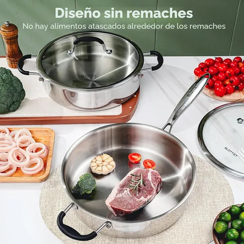 Miniatura 2 de SLOTTET Sartén de acero inoxidable de tres capas con tapa, sartén profunda de 5 cuartos de galón con cómodo mango de silicona, sartén de 11.5
