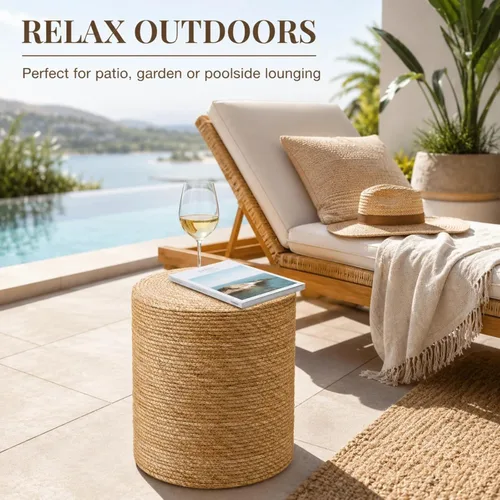 Miniatura 7 de Wimarsbon Taburete de pie de hierba marina natural, otomana redonda tejida a mano, para sala de estar, asiento al aire libre (natural)