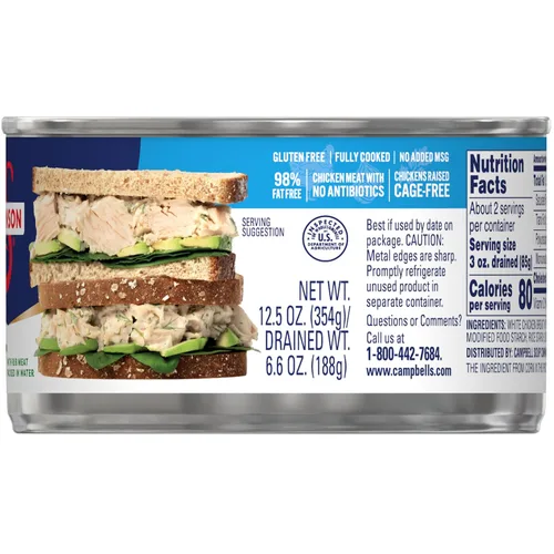 Miniatura 10 de Swanson 25% menos sodio, pechuga de pollo premium en agua enlatada en trozos blancos, lata de 12.5 OZ