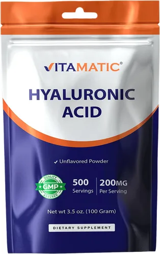 Vitamatic Polvo de ácido hialurónico 200 mg - Apoya el tejido conectivo y las articulaciones saludables saludables - Promueve una piel saludable y