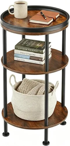 Miniatura 16 de Mesa auxiliar redonda pequeña con estación de carga para espacios pequeños, mesa decorativa de 3 niveles con puertos USB y tomas de corriente, mesa