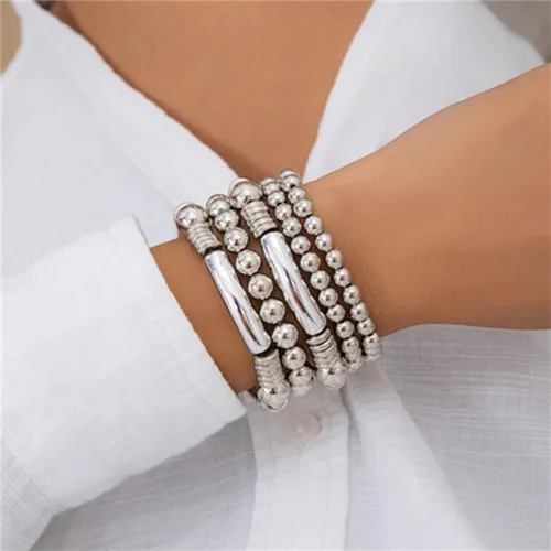 Miniatura 3 de Juego de 5 pulseras de cuentas de oro para mujer, juego de pulseras apilables de bolas de cuentas chapadas en oro de 14 quilates, pulseras