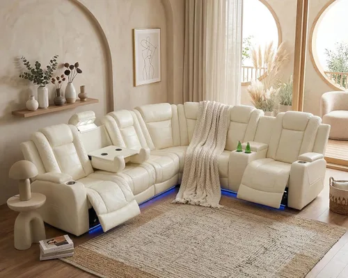 Miniatura 15 de Breathing Leather Sectional Sofa with Dual Power Recliner, 6 Seater L Shaped Reclining Couch for Living Room, Sectional Couch with Reading Lamp/USB