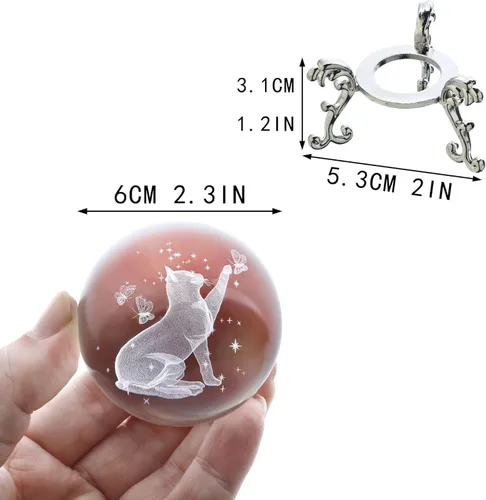 Miniatura 2 de HDCRYSTALGIFTS Bola de cristal de gato de 2.362 in con soporte 3D grabada con láser, figuras de animales, globo de vidrio, bola decorativa, esfera