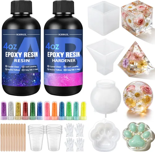 KISREL Kit de resina epoxi para principiantes, kit de resina con moldes, kit de epoxi de 8 onzas con purpurina de 12 colores, tazas medidoras y