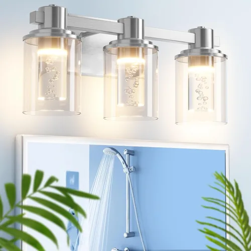 Quntis Lámparas de baño de níquel cepillado con 5 modos de color, lámpara de tocador de baño moderna regulable de 3 luces sobre espejo, lámpara de