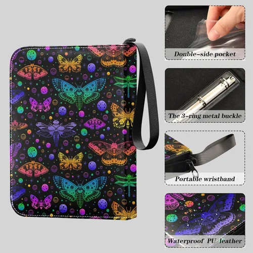 Miniatura 3 de Carpeta bohemia para tarjetas de mariposa y luna, con 400 bolsillos, 50 páginas extraíbles, 3 anillos, 4 bolsillos para tarjetas de juego, TCG