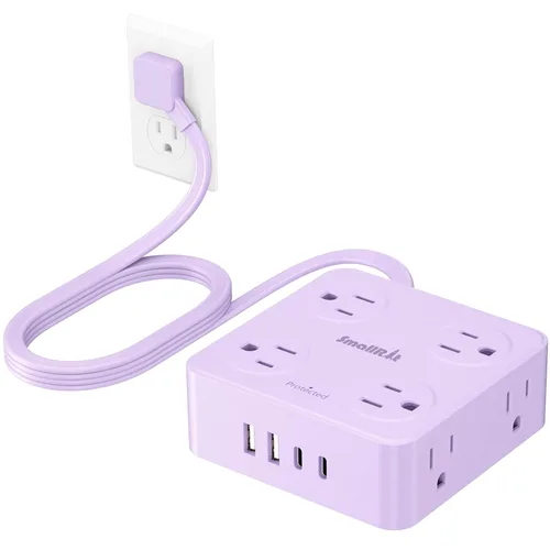 Miniatura 14 de SMALLRT - Cable de extensión con múltiples tomas, extensor de salida con protector de sobretensiones, enchufe plano de 6.5 pies con puertos USB, 8