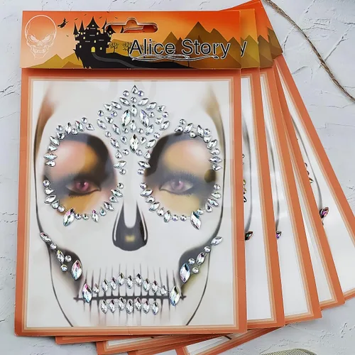Miniatura 5 de Kit de tatuaje temporal del Día de los Muertos, gemas de cara de calavera, tatuajes, diamantes de imitación para hombres, mujeres, niños, Halloween