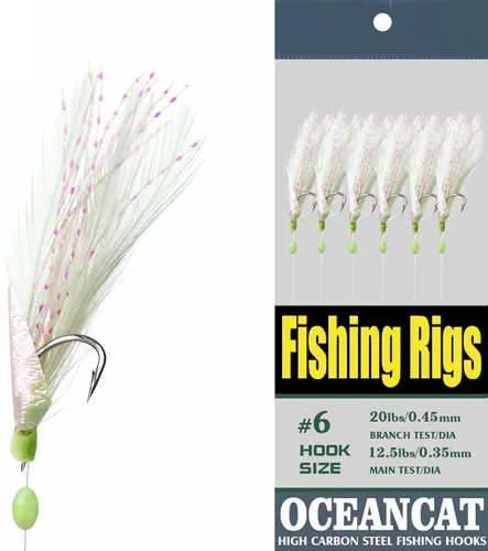 Miniatura 3 de 10/20/50/100 paquetes de 3 plumas y piel de pescado, 6 ganchos de aparejos de pesca de agua salada con gancho de cuerda, señuelo de señuelo para cebo