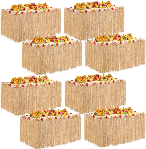 Juexica Paquete de 8 faldas de mesa de hierba Luau de 9 x 30 pulgadas, falda de mesa hawaiana de flores de hibisco sintético, decoraciones de fiesta