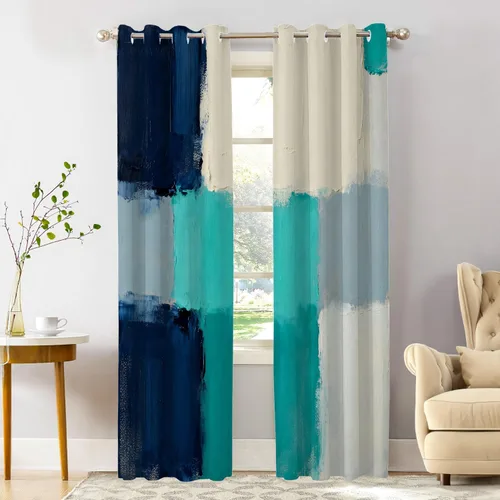Miniatura 82 de Shrahala Beige and Orange Abstract Art Brushstrokes Blackout Curtain Tiers, Abstract Oil Paint Kitchen Valance Light Blocking Tier Drapes with Rod