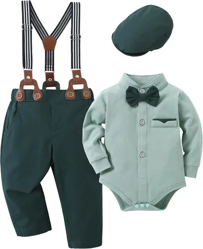 SOLOYEE Ropa para bebé niño trajes de caballero para bebés, vestido de manga larga, pantalones con tirantes, corbatín, boina, sombrero de boina,