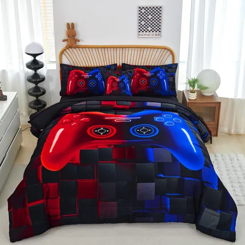 Miniatura 18 de PERFEMET Juego de ropa de cama tamaño Twin en una bolsa, 6 piezas, juego de ropa de cama gaming para niños, edredón azul gamer con juego de sábanas
