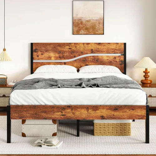 Miniatura 14 de VECELO Base de cama tamaño individual, plataforma de metal resistente con cabecera de madera, no necesita somier, color marrón antiguo