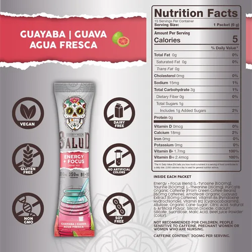 Miniatura 4 de Salud 2-en-1 Polvo de Bebida Energética + Enfoque, Guayaba, Cafeína Orgánica, B6 + B12, Teanina, Paquetes de Bebida Energética Limpia, Mezcla