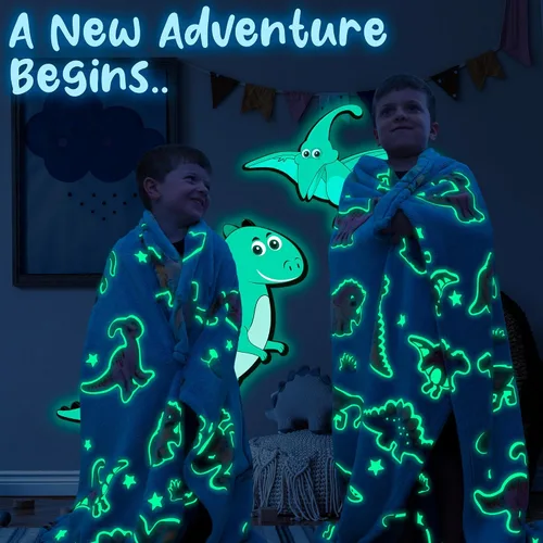 Miniatura 5 de Manta de dinosaurio para niños, manta que brilla en la oscuridad para niños y niñas pequeños, suave y acogedora manta de dinosaurio de forro polar