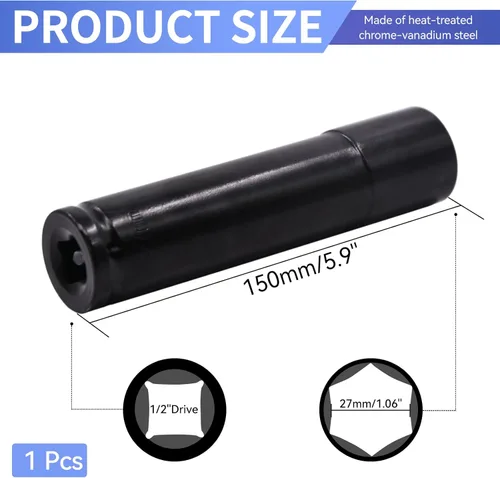 Miniatura 2 de Zócalo de impacto profundo de 1.063 in, unidad de 1/2 pulgada, Enchufe de impacto, Acero de aleación Cr-Mo 6 "de longitud, Enchufe métrico de 6