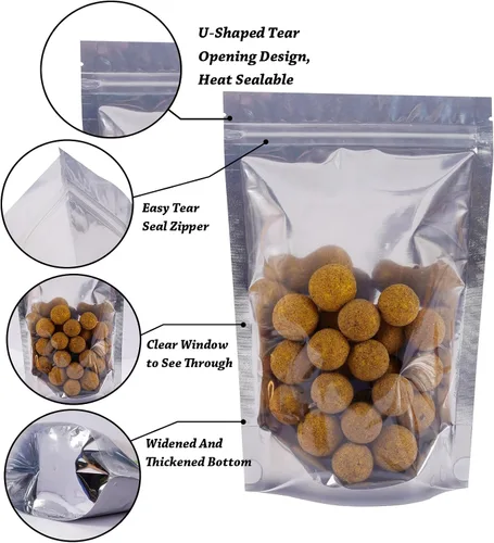 Miniatura 2 de Paquete de 100 bolsas de Mylar para almacenamiento de alimentos, papel de aluminio resellable, bolsa transparente de pie con ventana frontal de 3.94