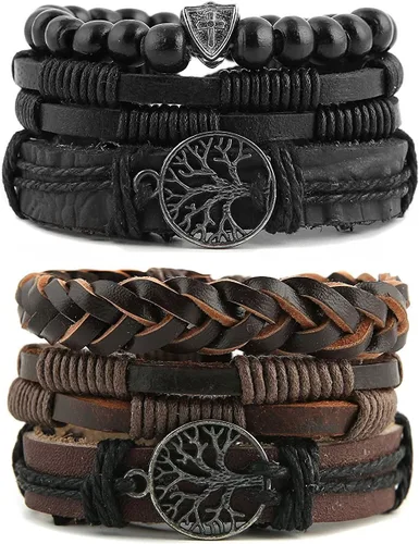 HZMAN Pulseras de cuero genuino con diseño de árbol de la vida para hombres y mujeres, diseño de ojo de tigre, piedra natural, cuentas de roca de