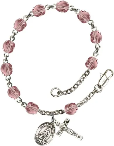 Bonyak Jewelry St. Peregrine Laziosi - Pulsera de rosario con placa de plata, cuentas pulidas al fuego de 0.236 in, color de cada mes de nacimiento