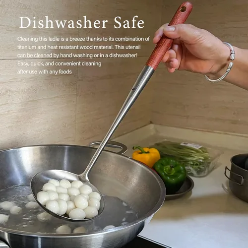 Miniatura 9 de iBasingo Espátula y cucharón de titanio, cuchara skimmer juego de herramientas de cocina con mango largo, utensilios chinos wok para camping, Juego