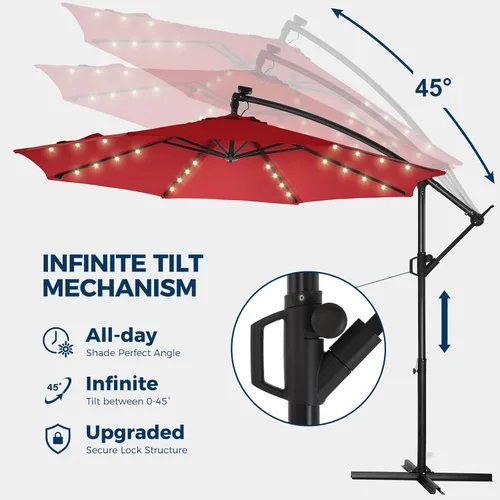 Miniatura 6 de HOMSHADE Paraguas de patio voladizo con luces solares de 10 pies, con luz y base, luz LED, para colgar en el patio, sombrilla de mercado al aire Rojo