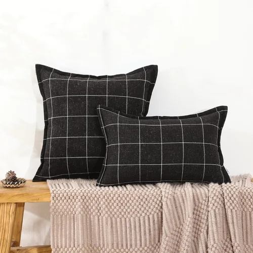Miniatura 6 de Juego de 2 fundas de almohada de lino a cuadros blancos y negros de estilo bohemio, 16 x 16 pulgadas, color negro