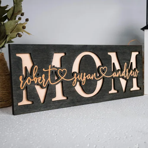 3D Carved Mom Sign, Personalized Mom Sign with Names - 4 Colors, 2 Sizes - Customized Mom Wood Wall Sign Decor, Gifts for Mom from Kids