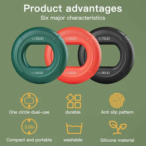 Miniatura 6 de Entrenador de fuerza de agarre (30-80 libras) – 6 niveles de resistencia, 3 anillos fortalecedores de silicona para escalada en roca, atletas