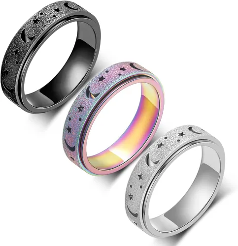 AmorArtSky Anillo de ansiedad para mujeres y hombres, anillo giratorio de titanio y acero inoxidable, 5 colores, 6 mm, talla 6-10, 3 estilos de 3