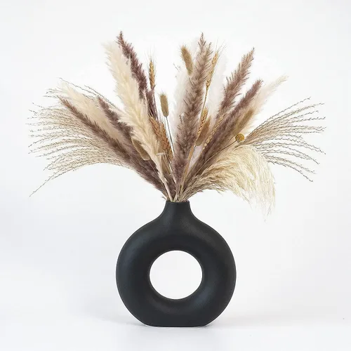 CEMABT Jarrón de cerámica hueco con forma de dona negra para flores, hecho a mano, minimalista, bohemio, estilo moderno, decoración del hogar para