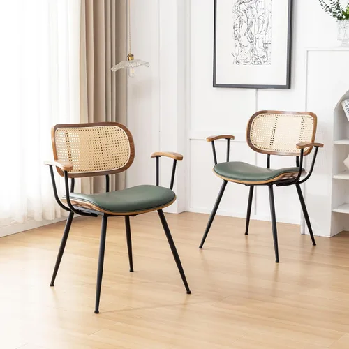 Miniatura 13 de Juego de 2 sillas de comedor de ratán, sillas auxiliares de cocina modernas de mediados de siglo, sillas de escritorio con patas de metal, sillas