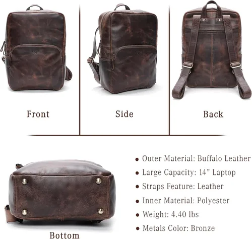 Miniatura 5 de Mochila de cuero hecha a mano para hombres y mujeres, bolsa para laptop de 15.6 pulgadas, cuero genuino, estilo retro, casual, para universidades
