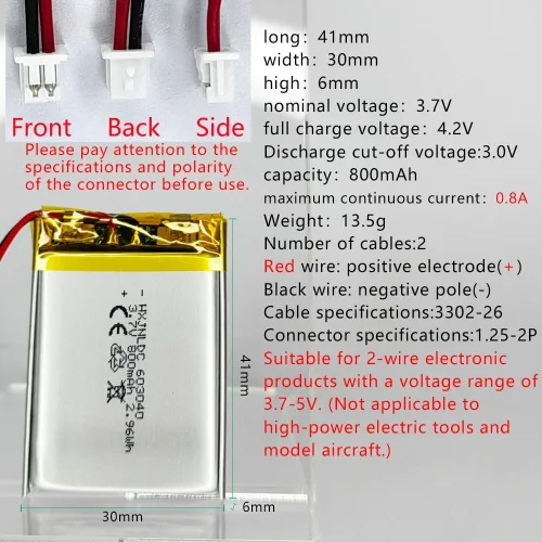 Miniatura 2 de DC 3.7V 800mAh 603040 Batería de repuesto de polímero de litio recargable para productos electrónicos DIY 3.7-5V con reemplazo de batería de 2