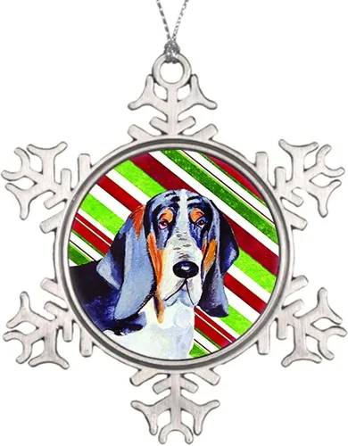 Basset Hound - Adorno de Navidad con diseño de bastón de caramelo, copo de nieve de metal, decoración para árbol de Navidad